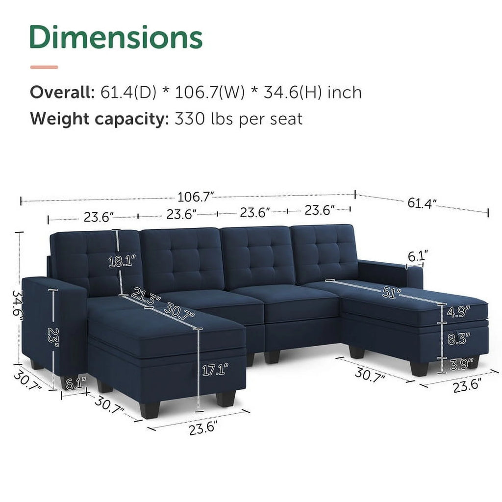 Dark Blue U-Shaped Sectional Sofa with Reversible Chaises and Storage Ottomans J483353