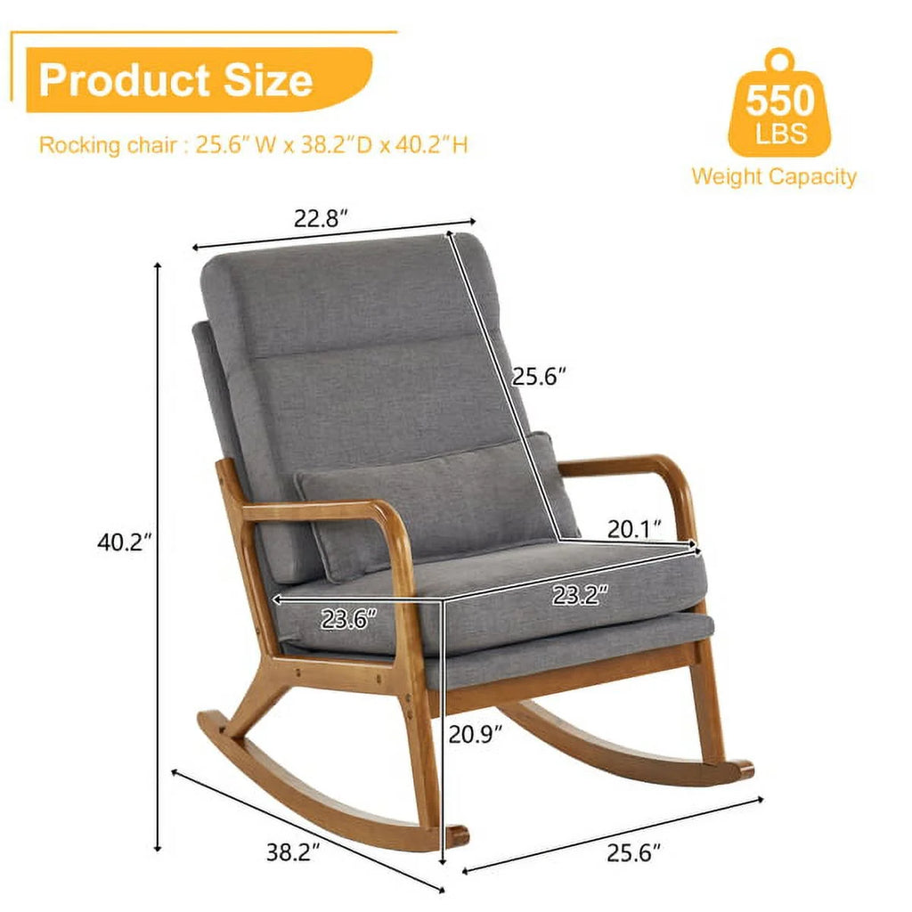 Light Grey Mid-Century Modern Accent Rocking Chair with Lumbar Pillow W22612