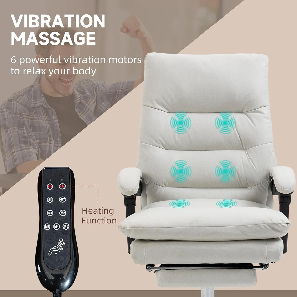 Cream White Microfibre Heated Reclining Massage Office Chair with Footrest P4835