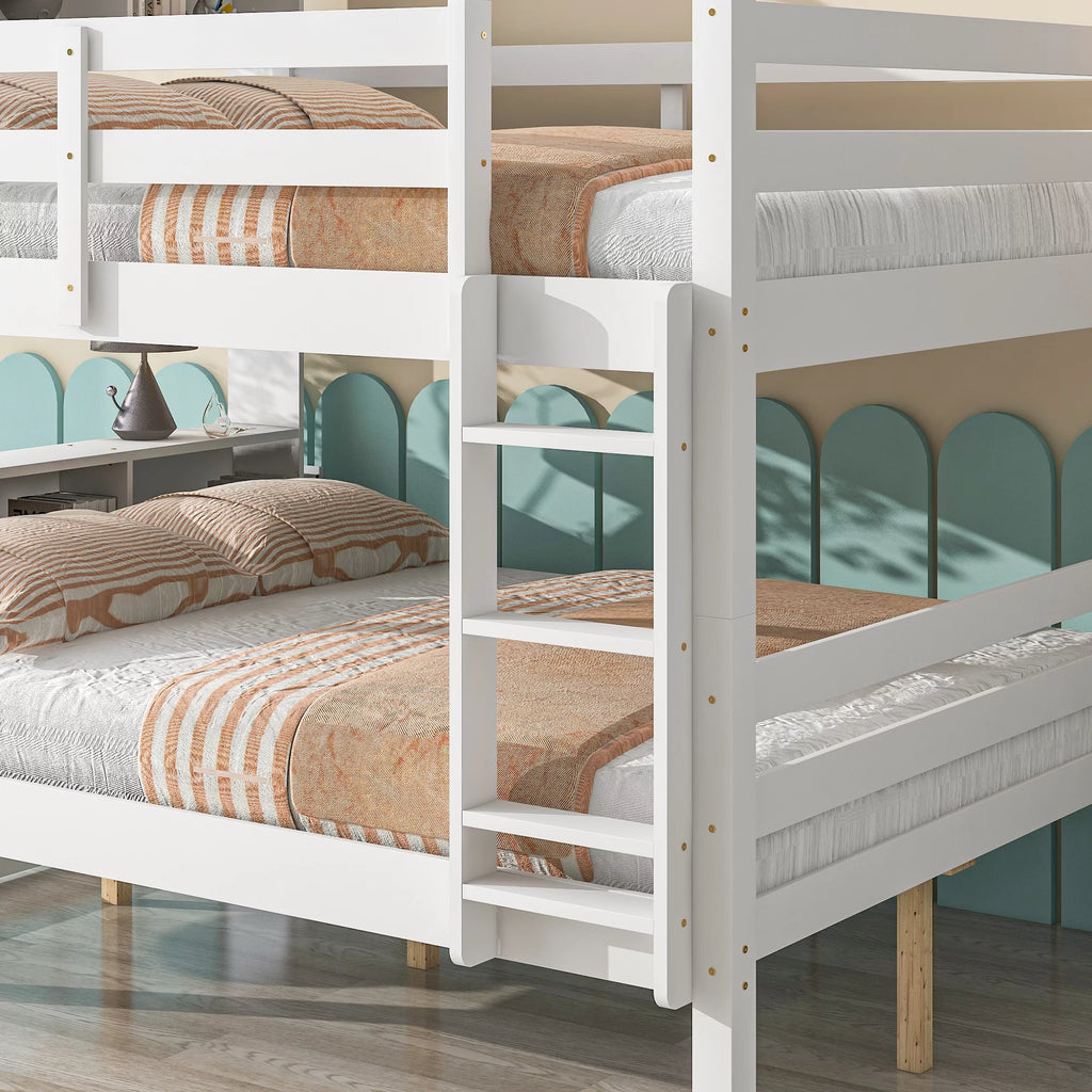 Full Over Full Bunk Beds with Bookcase Headboard, Solid Wood Bed Frame with Safety Rail and Ladder, White W257338
