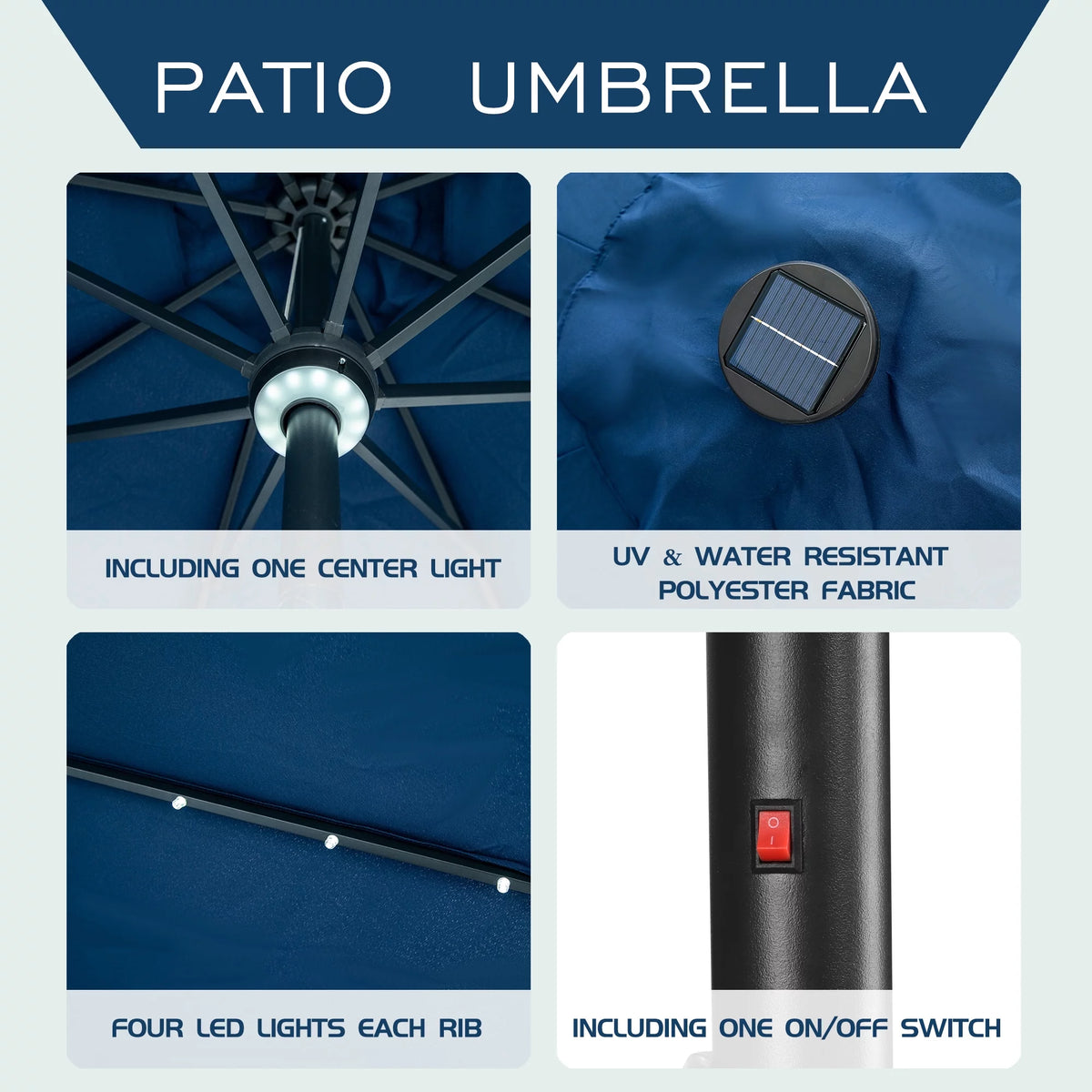 10 ft Solar Patio Umbrella with 40 LED Lights, Steel Tilt Crank, Navy Blue I168