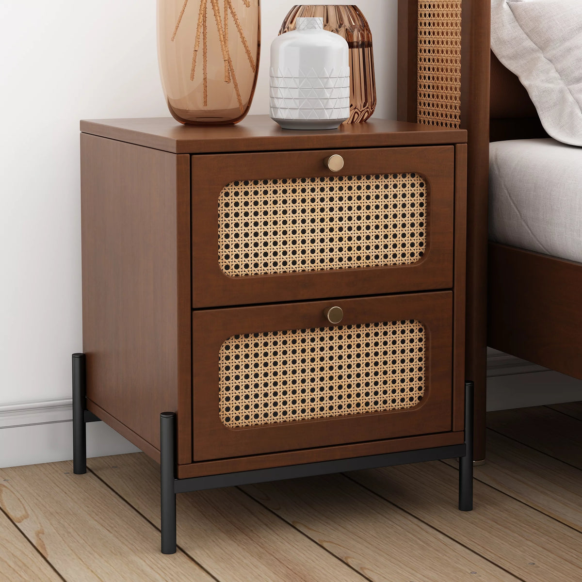 Walnut 2-Drawer Rattan Wood Side Table C9477