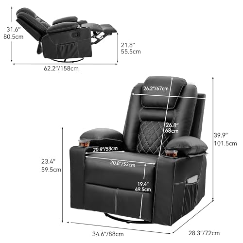 Black Faux Leather Swivel Rocker Recliner Chair with Massage & Heat P6253