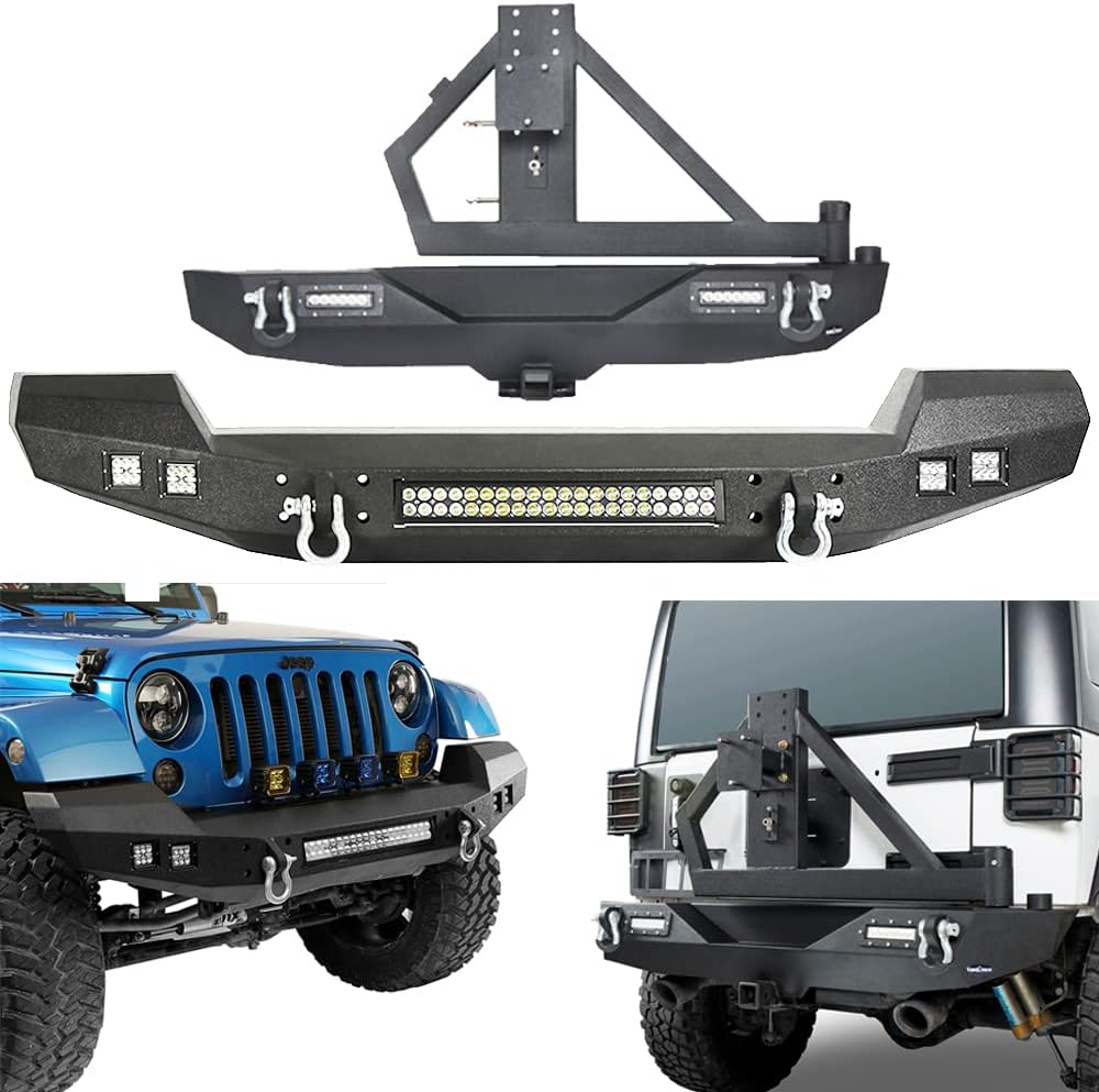 Front and Rear Bumpers with Tire Carrier & LED Light Bar & Hitch Receiver X16633