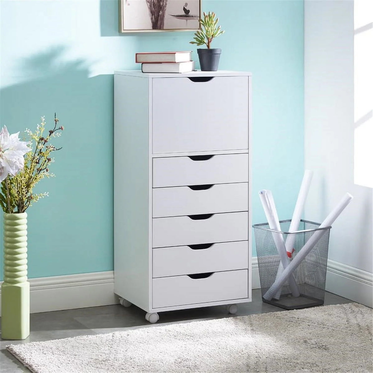 White 5 Drawer Storage Cabinet with Shelf H203