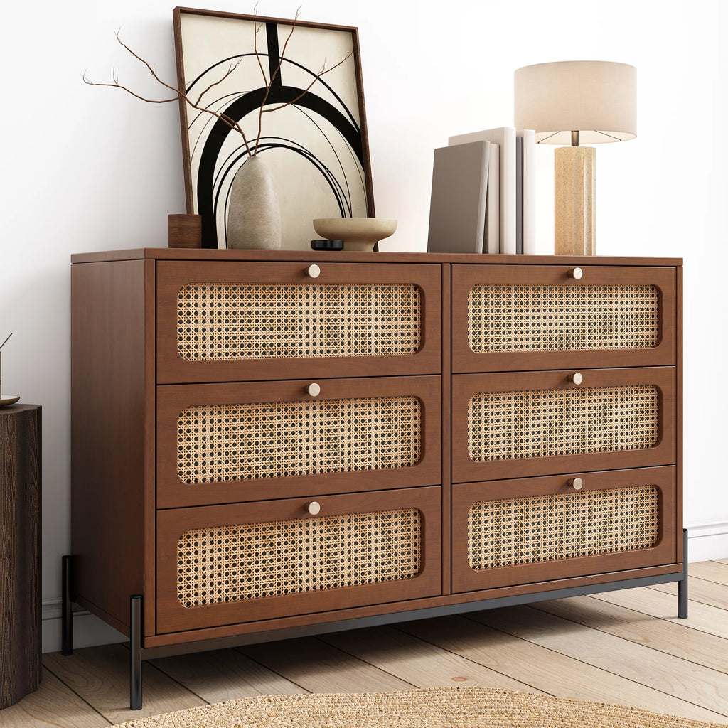 Walnut 2-Drawer Rattan Wood Side Table C9477