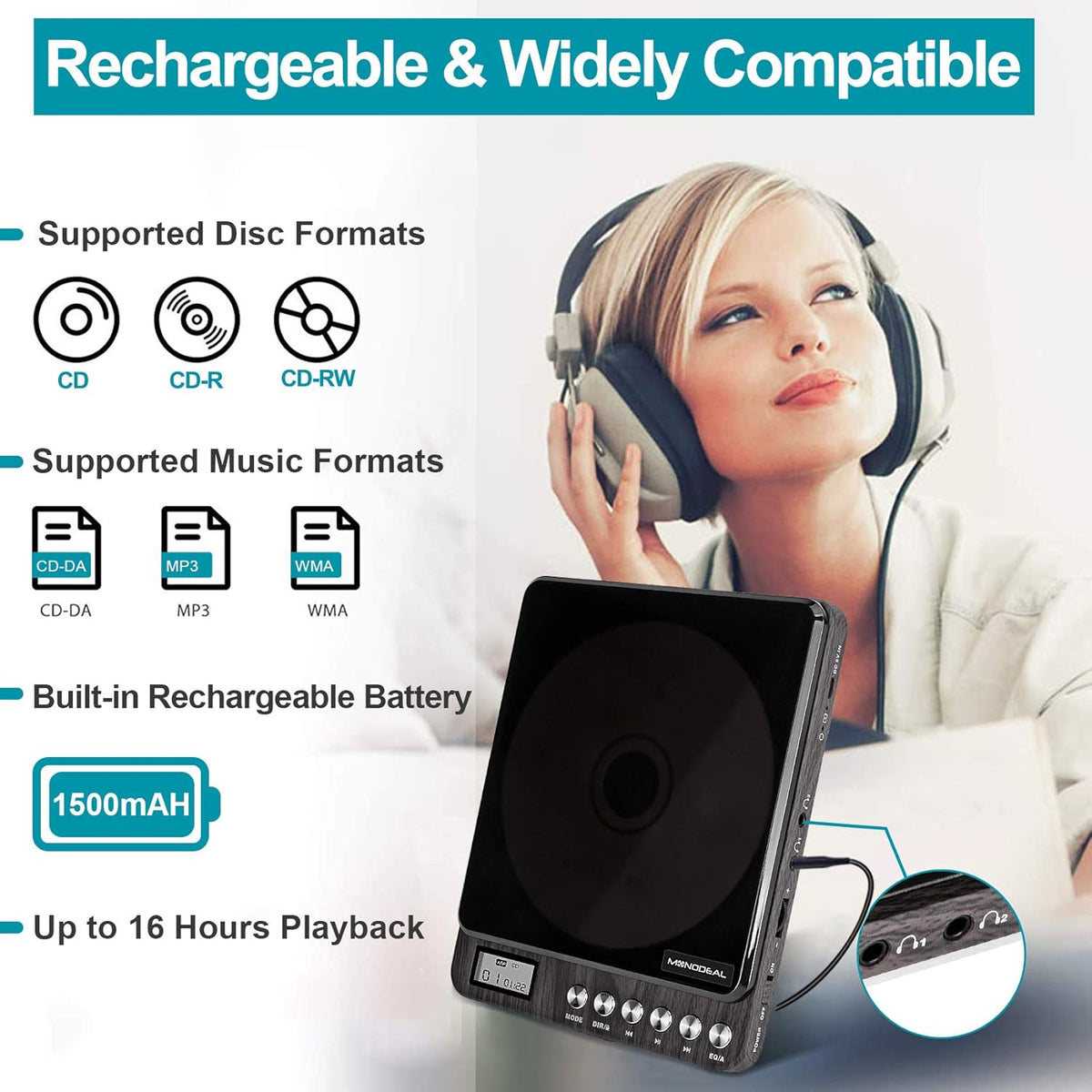 Portable Rechargeable CD Player with Dual Headphones Jack, Dark Brown, Pack of 2 Z587
