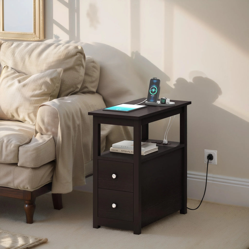 Set of 2 Narrow End Table with Charging Station and 2 Drawers F78212