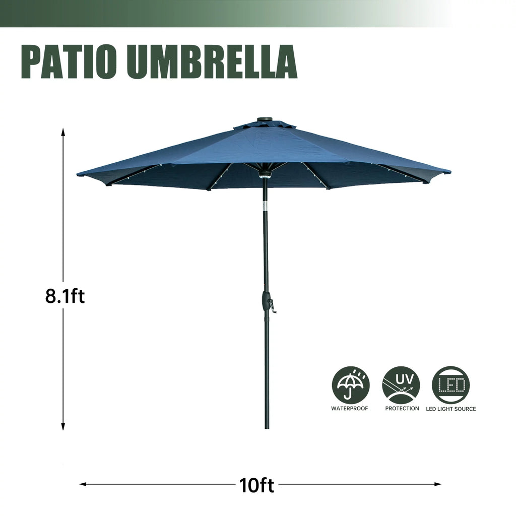 10 ft Solar Patio Umbrella with 40 LED Lights, Steel Tilt Crank, Navy Blue I168