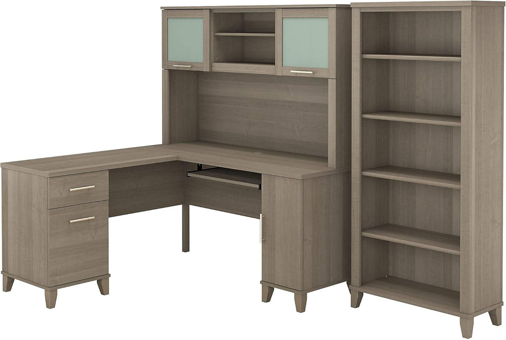 L Shaped Desk with Hutch and 5 Shelf Bookcase J471