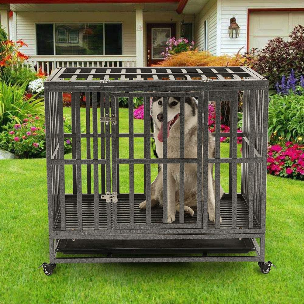 38 Heavy Duty Metal Dog Crate with Double Doors and Wheels, Black C9592