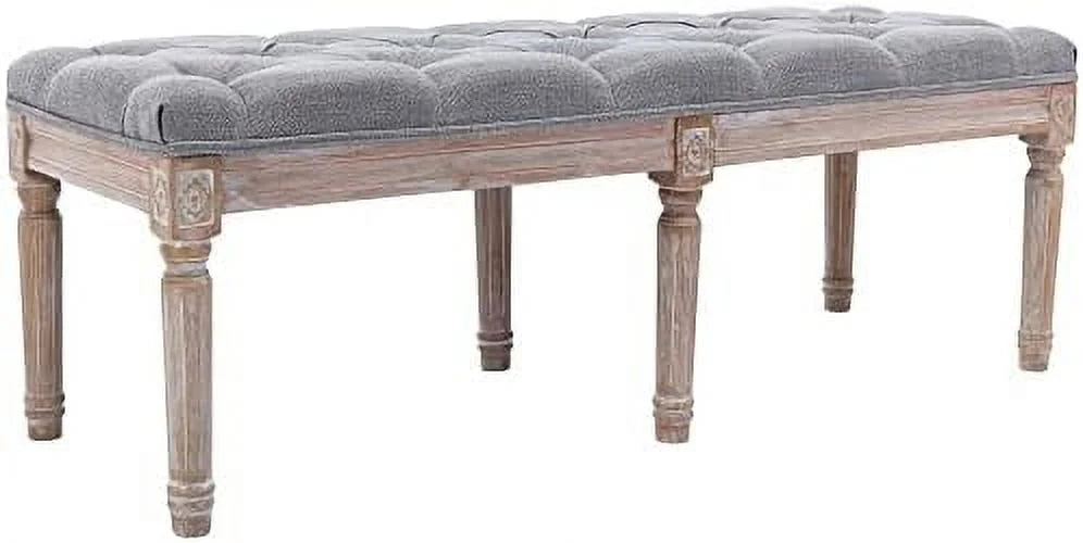 Grey Fabric Entryway Bench with Button Tufted Seat and Rustic Wood Legs G779344