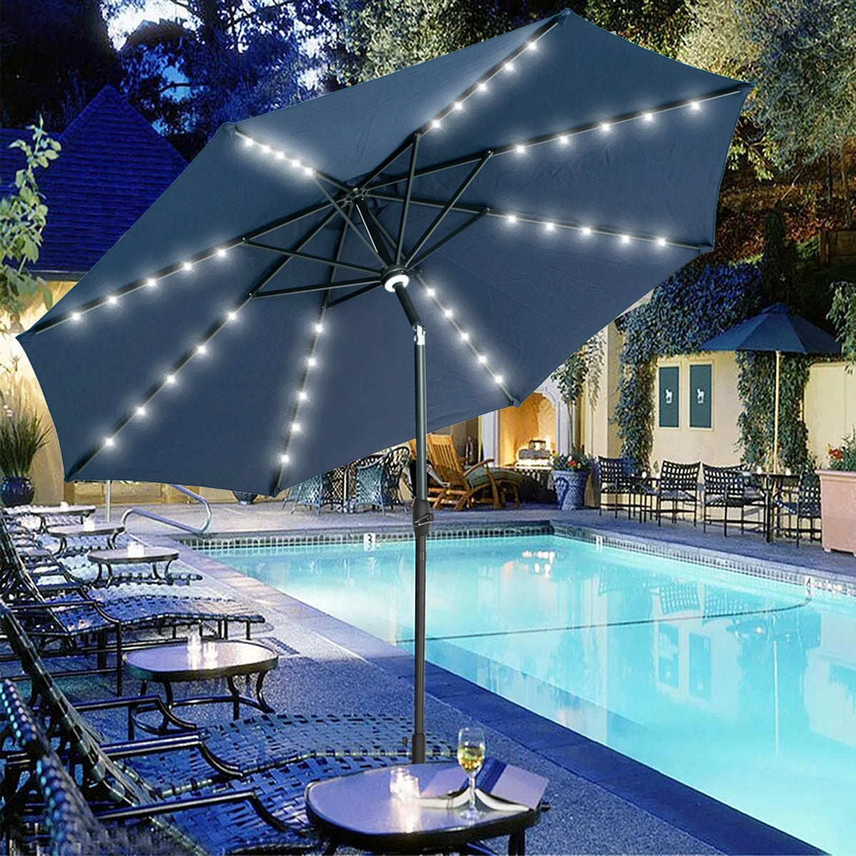 10 ft Solar Patio Umbrella with 40 LED Lights, Steel Tilt Crank, Navy Blue I168