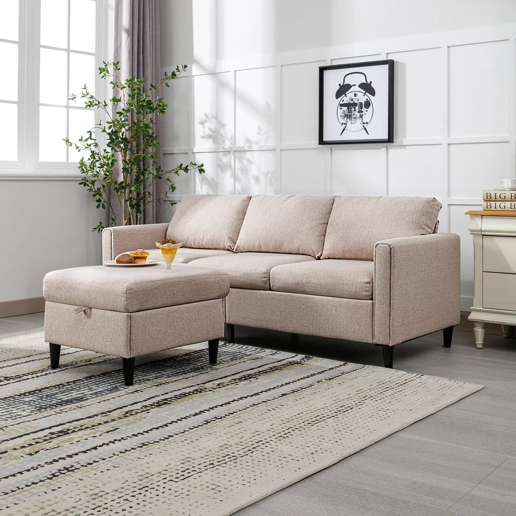 Beige L-Shape Convertible Sectional Sofa with Storage Ottoman I125364