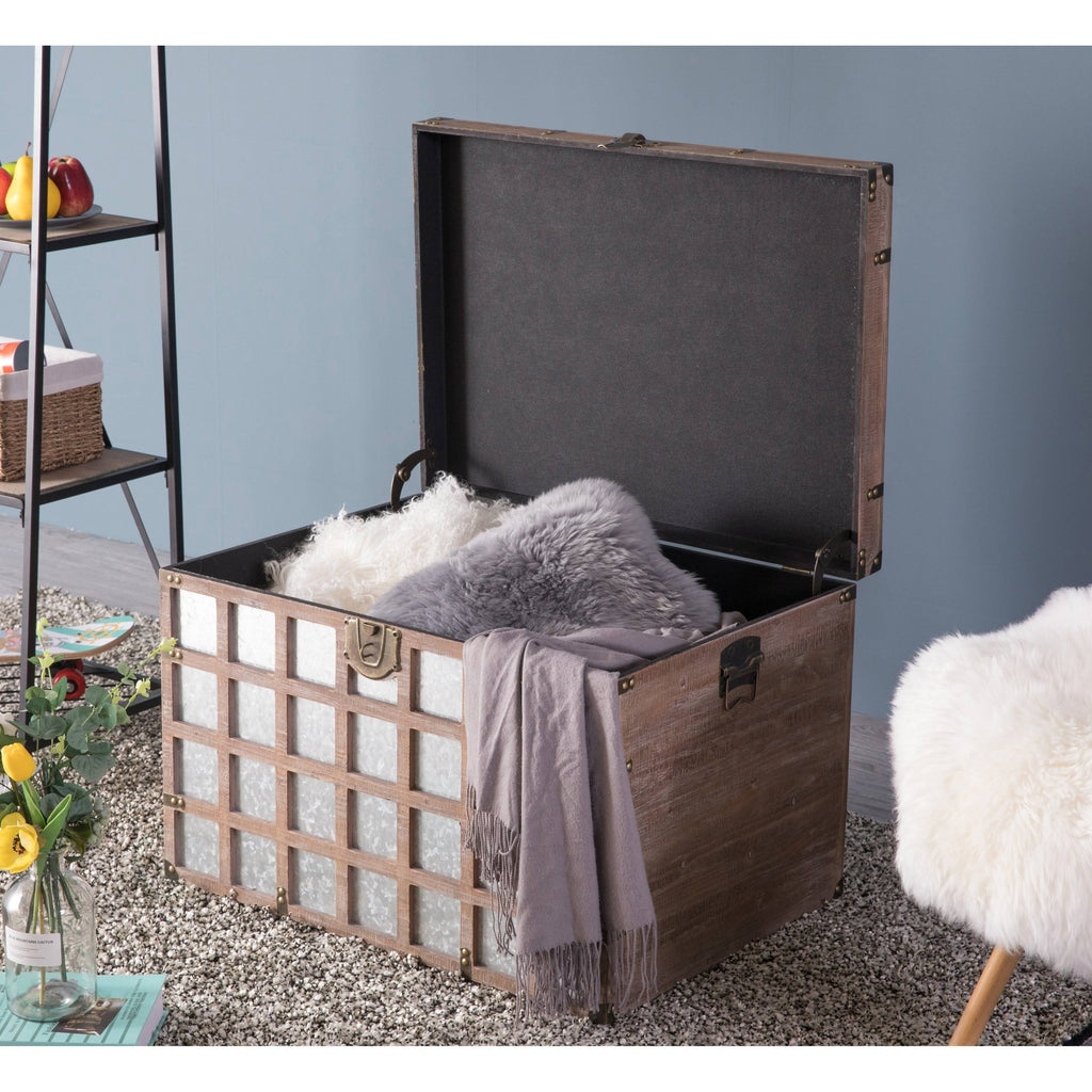 Wooden Rectangle Galvanized Metal Lined Storage Trunk L7535