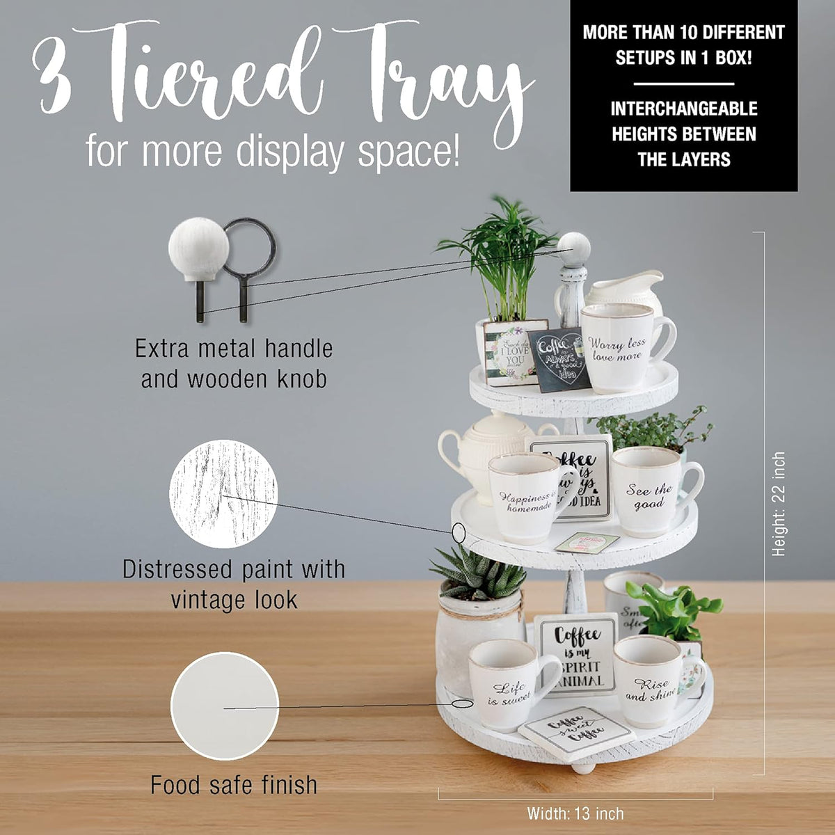 White Rustic 3 Tier Wood Tray I970