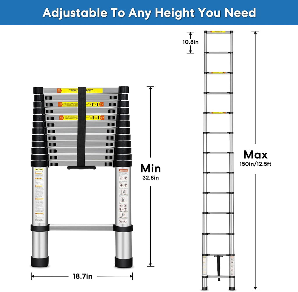 Telescoping Ladder, 12.5FT Aluminum Extension Ladder with Non-Slip Feet, 330lbs Capacity Z676617