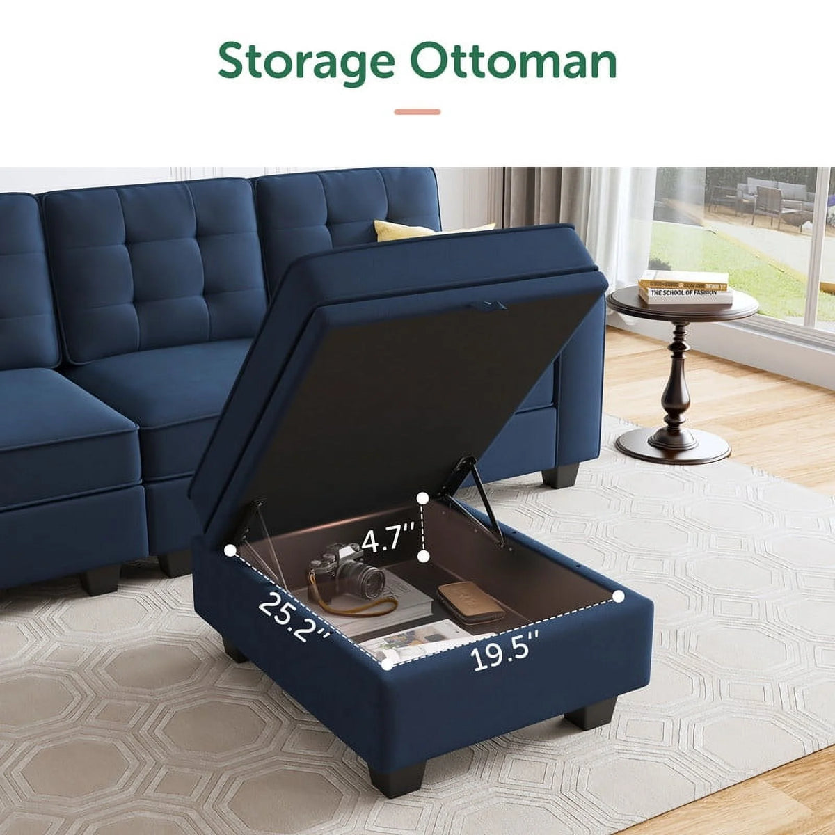 Dark Blue U-Shaped Sectional Sofa with Reversible Chaises and Storage Ottomans J483353