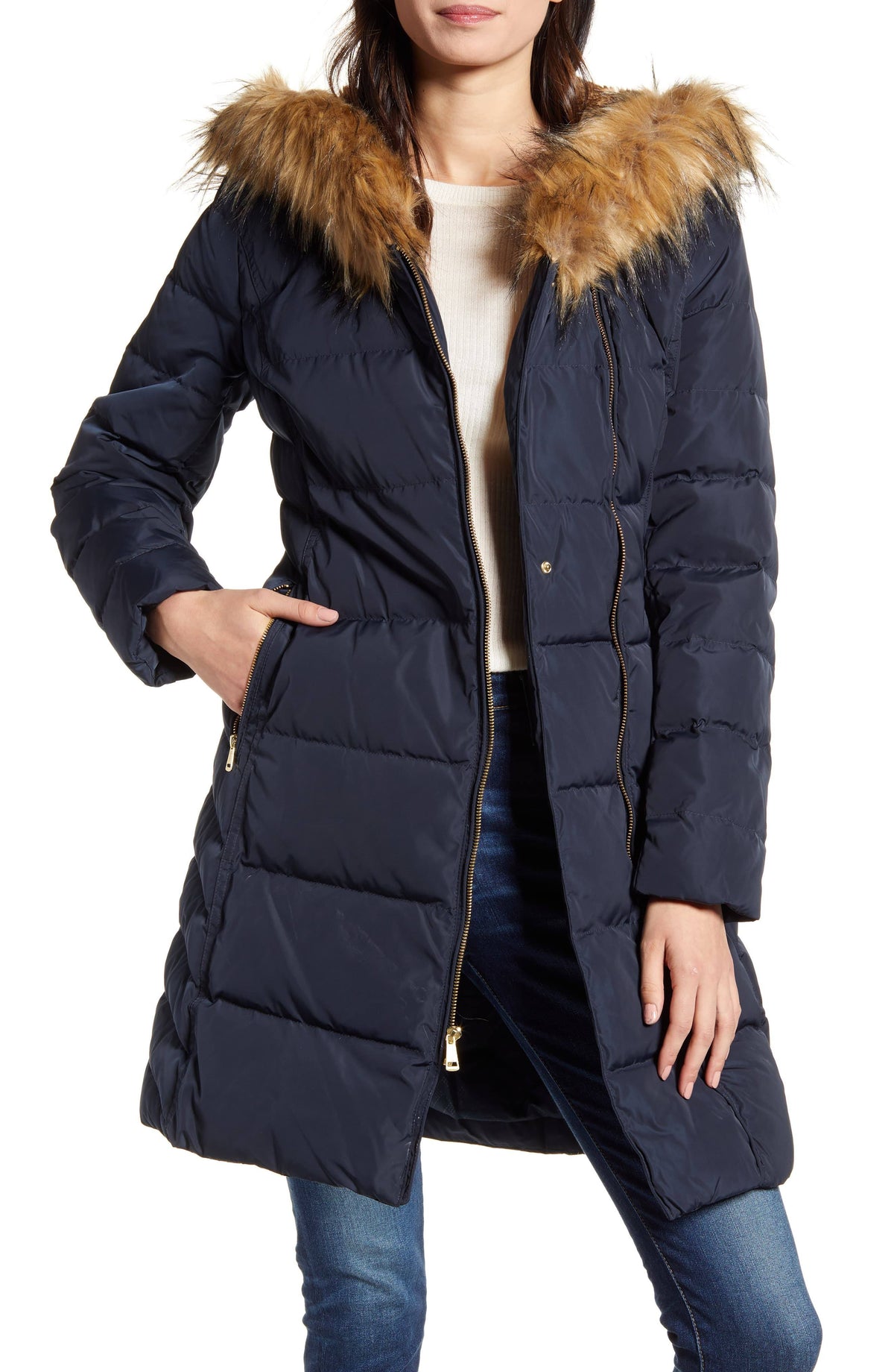 Navy Hooded Asymmetrical Down Puffer Coat N979960