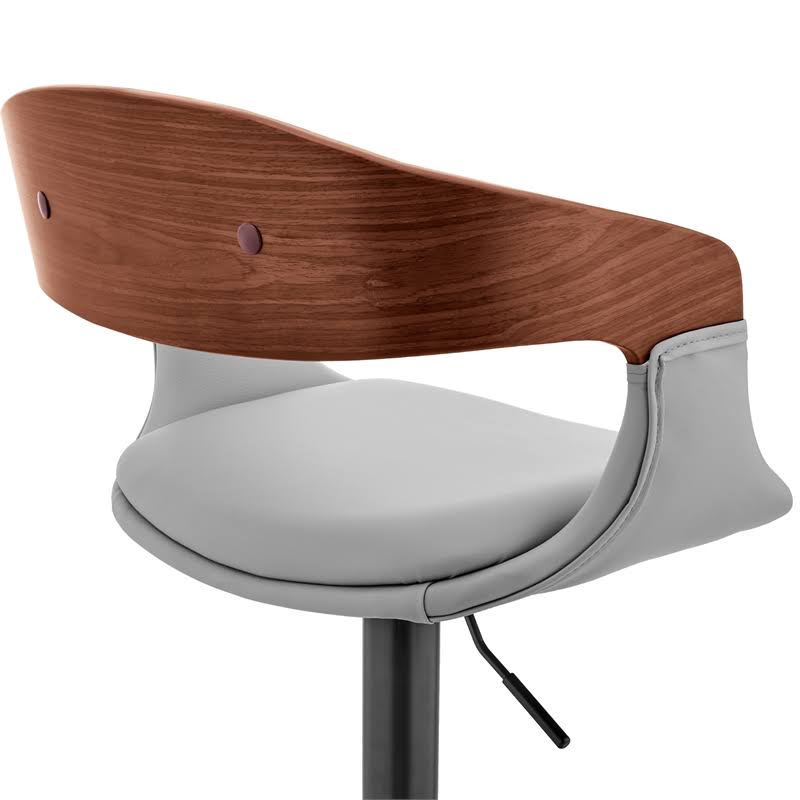 Gray Faux Leather and Walnut Wood Bar Stool with Black Base V4667