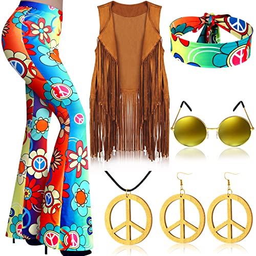 7 Pcs Hippie Costume Set with Flared Pants Fringe Vest Peace Sign Accessories S4542