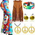 7 Pcs Hippie Costume Set with Flared Pants Fringe Vest Peace Sign Accessories S4542