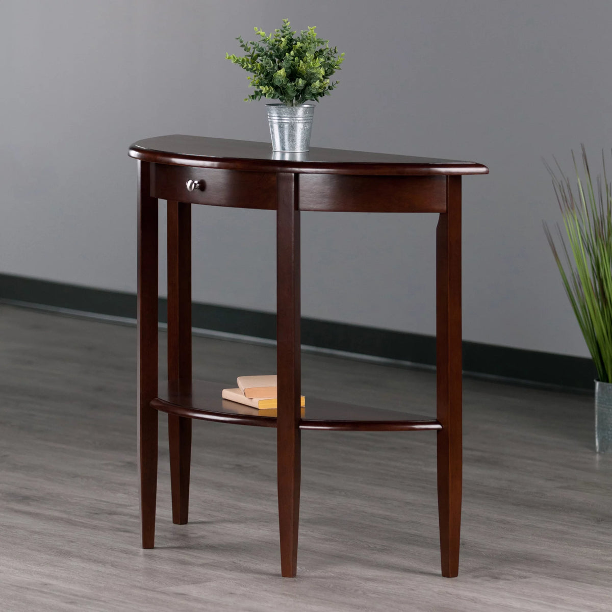 Walnut Half Moon Console Table with Drawer and Shelf E751