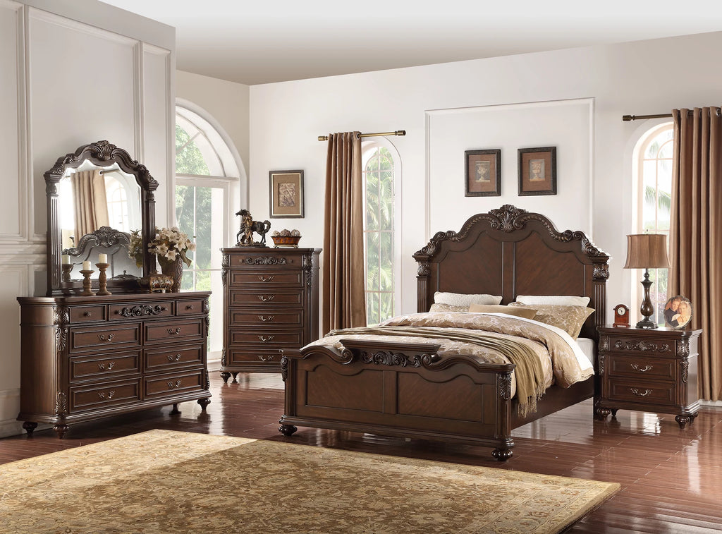 California King Size Bed Dresser Mirror Nightstand 4pcs Set Dark Brown X357