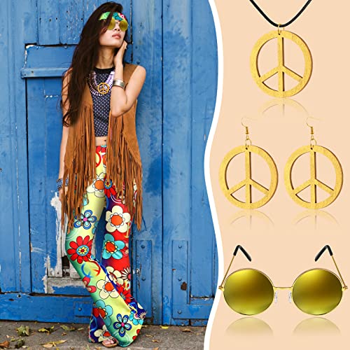 7 Pcs Hippie Costume Set with Flared Pants Fringe Vest Peace Sign Accessories S4542
