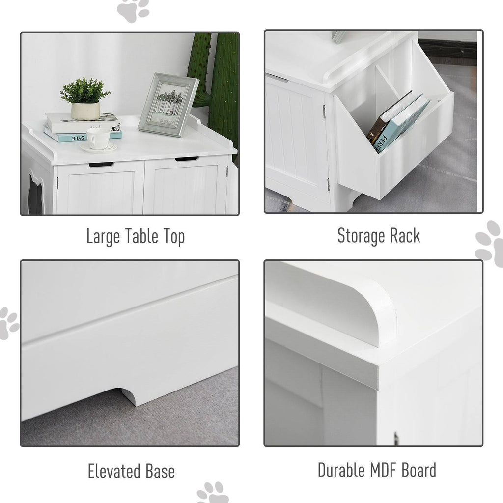 White Wooden Cat Litter Box Enclosure with Nightstand and Storage Rack U18278