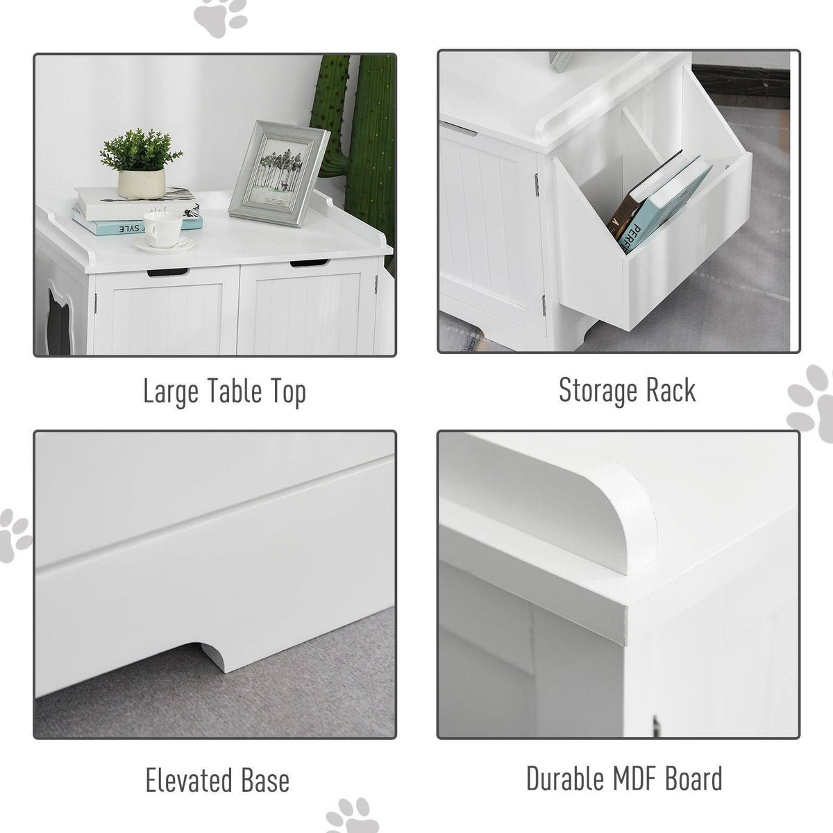 White Wooden Cat Litter Box Enclosure with Nightstand and Storage Rack U18278