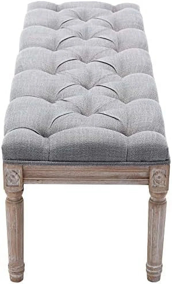 Grey Fabric Entryway Bench with Button Tufted Seat and Rustic Wood Legs G779344