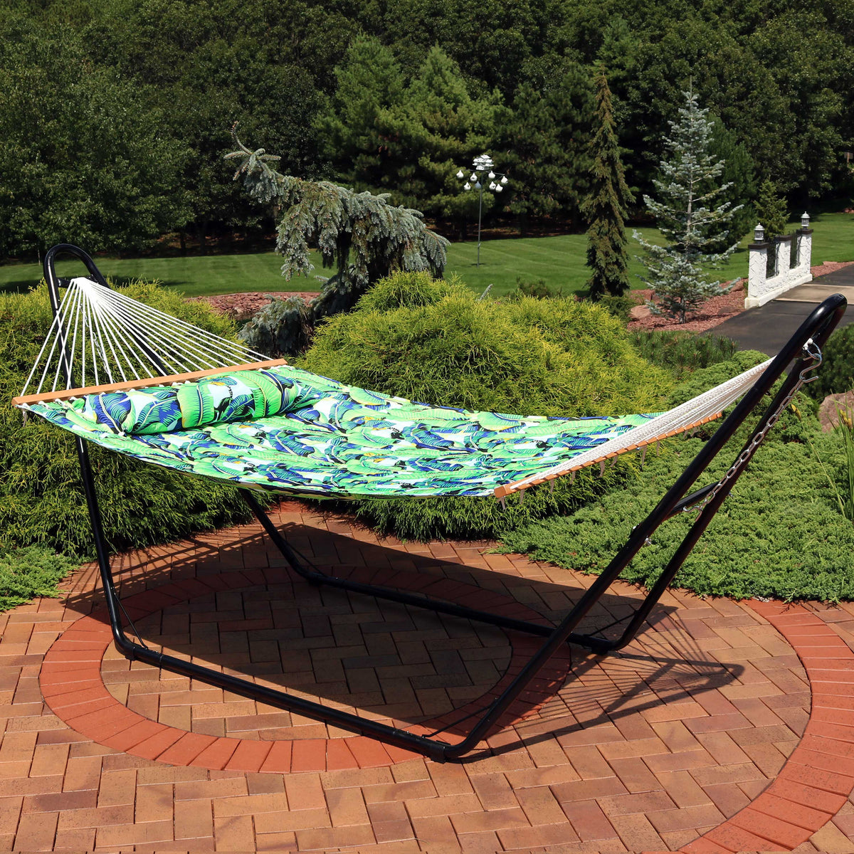 Quilted Printed Fabric 2-Person Hammock and Pillow with S Hooks and Hanging Chains I779025