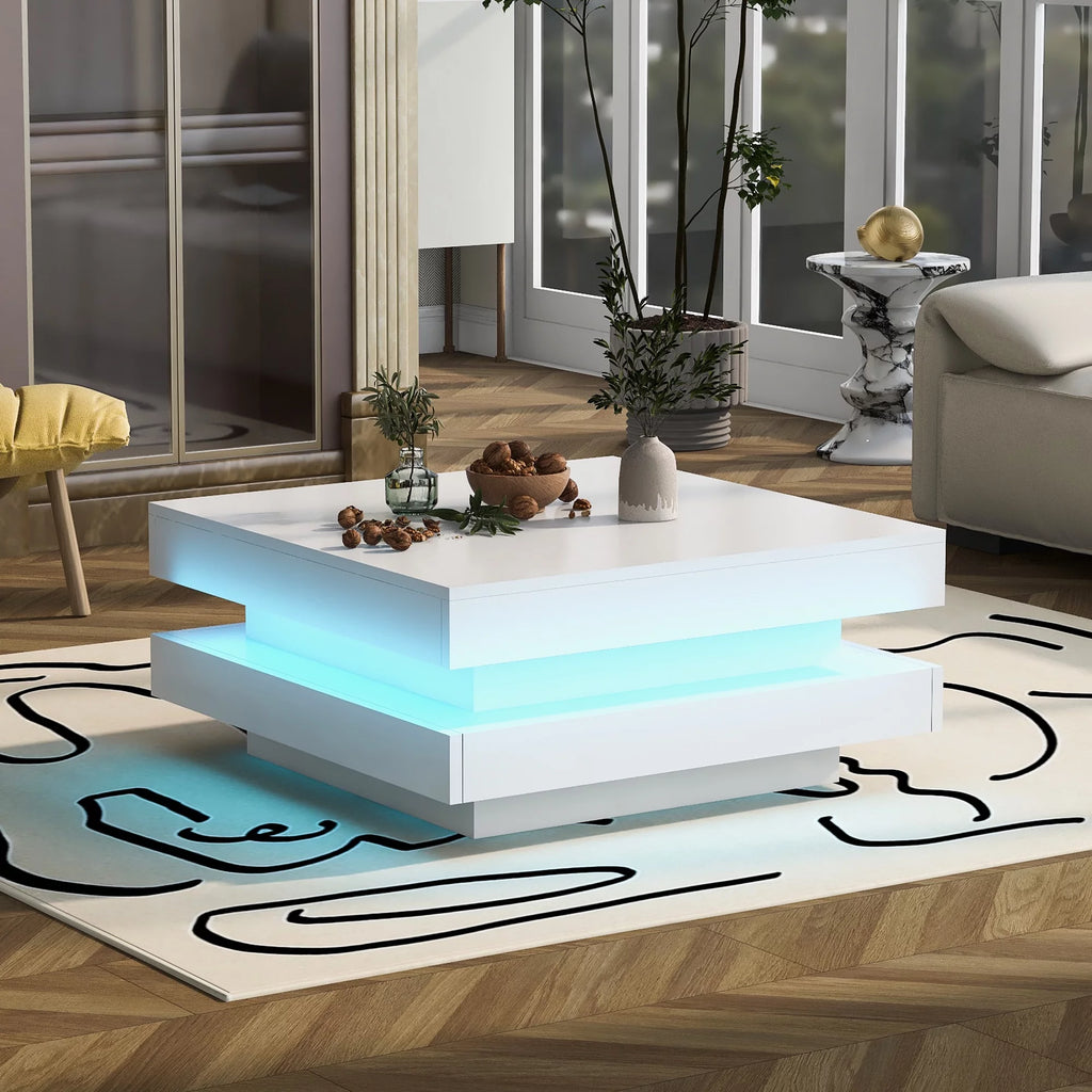 31.5" 2-Tier Square LED Coffee Table White High Gloss Finish X17720