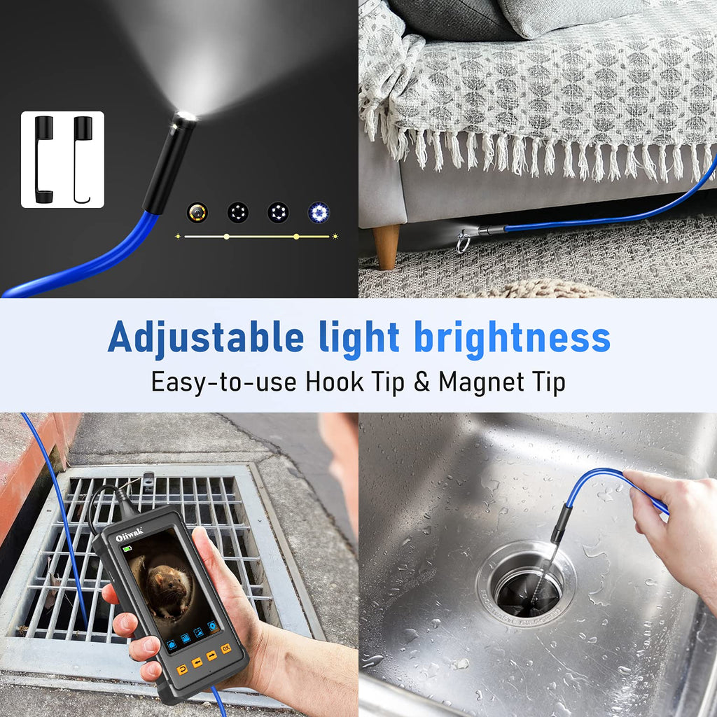 33FT Dual Lens Industrial Endoscope Camera with 7 LED Lights 4.3 IPS Screen IP68 Waterproof Probe D82243