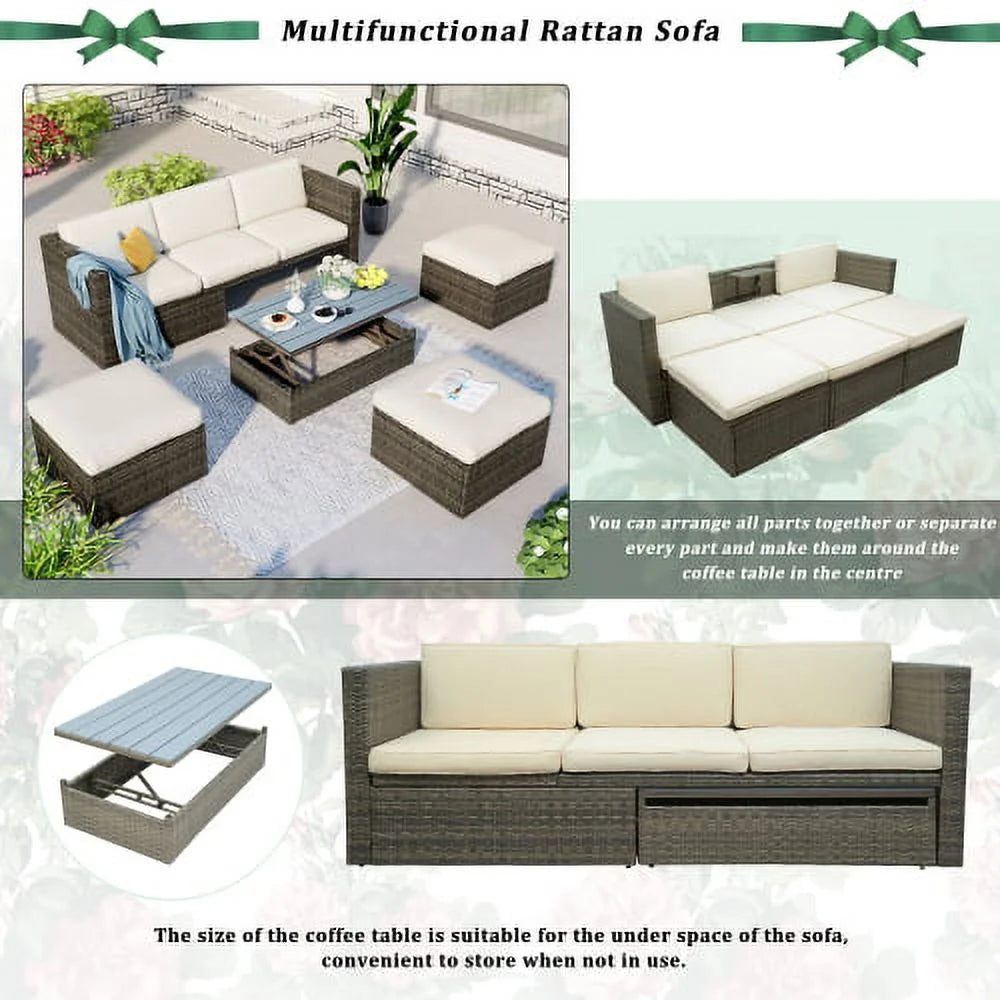 5-Piece Patio Wicker Sofa with Ottomans and Lift Top Coffee Table X7341