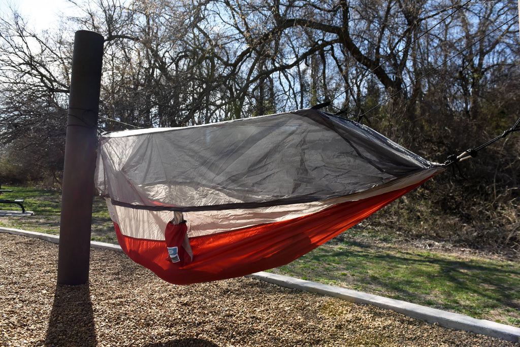 Nylon Mosquito Hammock with Attached Bug Net, 1 Person Red and Taupe, 115" L x 59" W E992