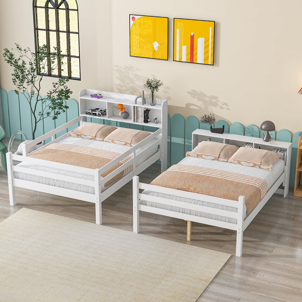 Full Over Full Bunk Beds with Bookcase Headboard, Solid Wood Bed Frame with Safety Rail and Ladder, White W257338