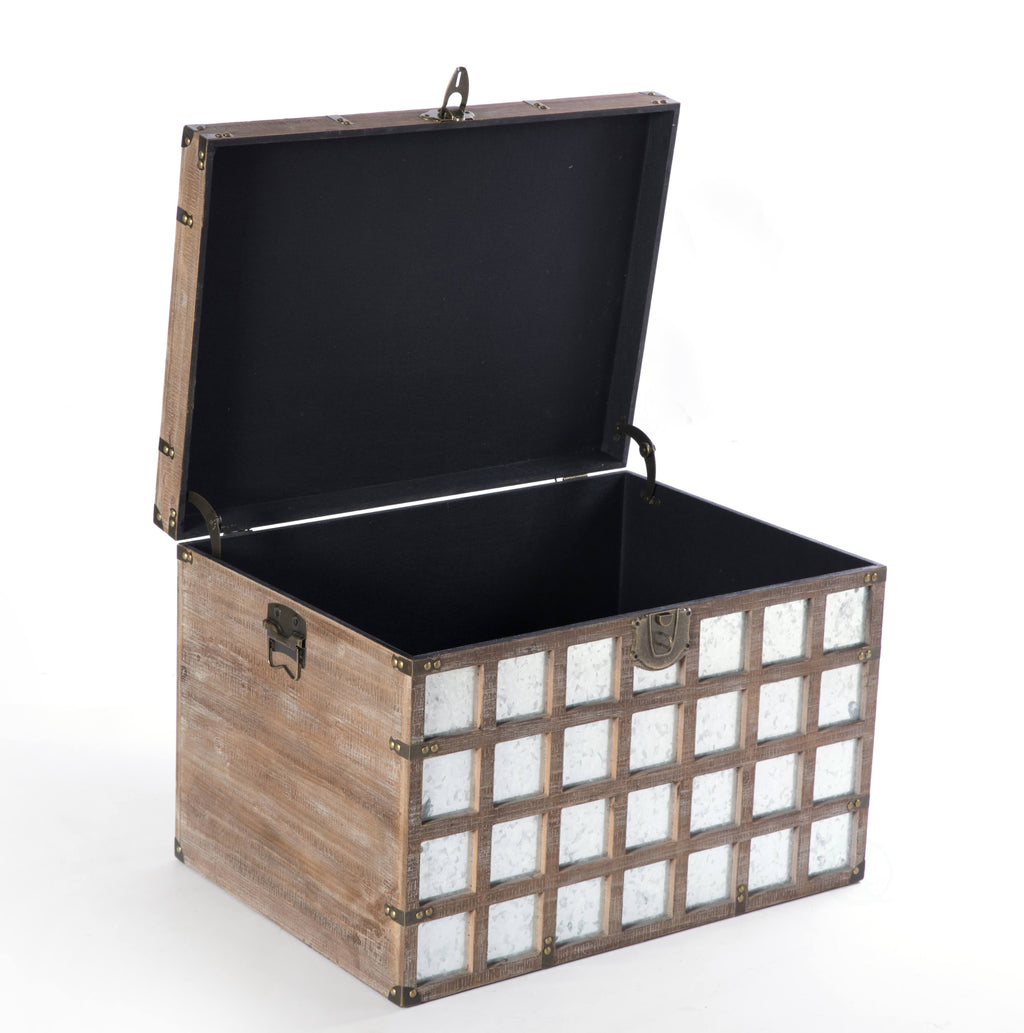 Wooden Rectangle Galvanized Metal Lined Storage Trunk L7535