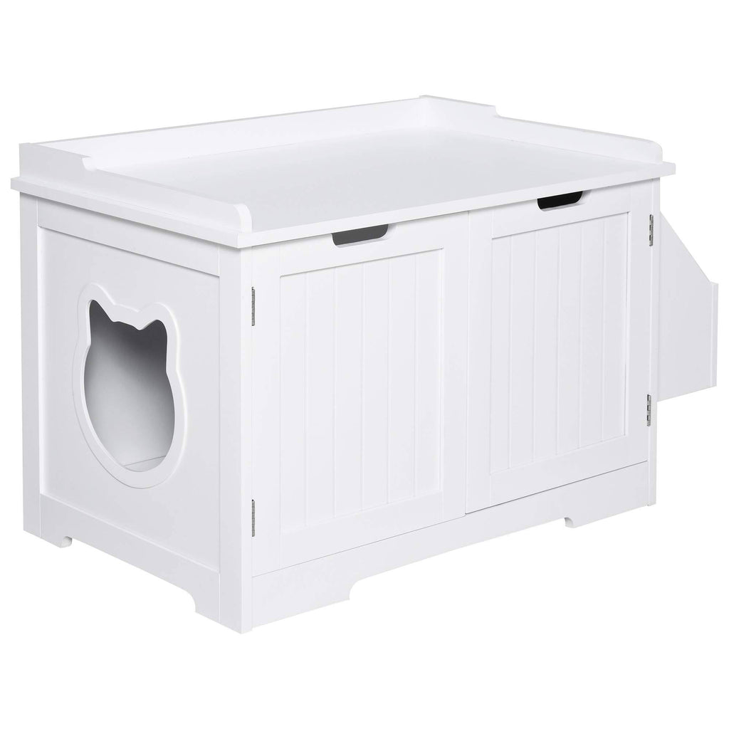 White Wooden Cat Litter Box Enclosure with Nightstand and Storage Rack U18278