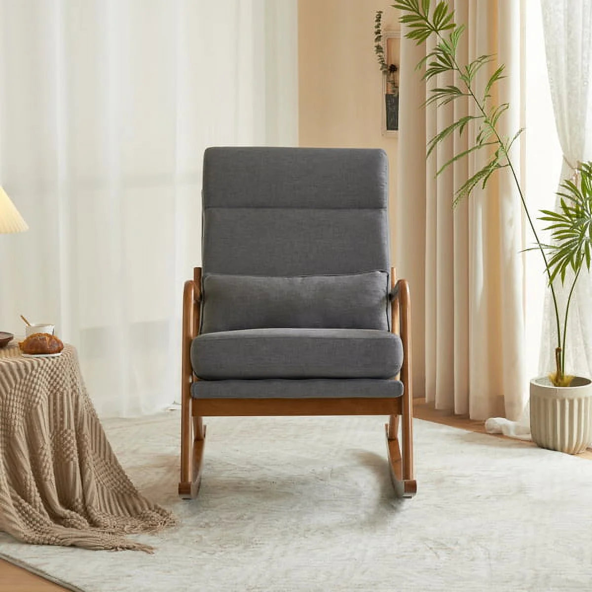 Light Grey Mid-Century Modern Accent Rocking Chair with Lumbar Pillow W22612