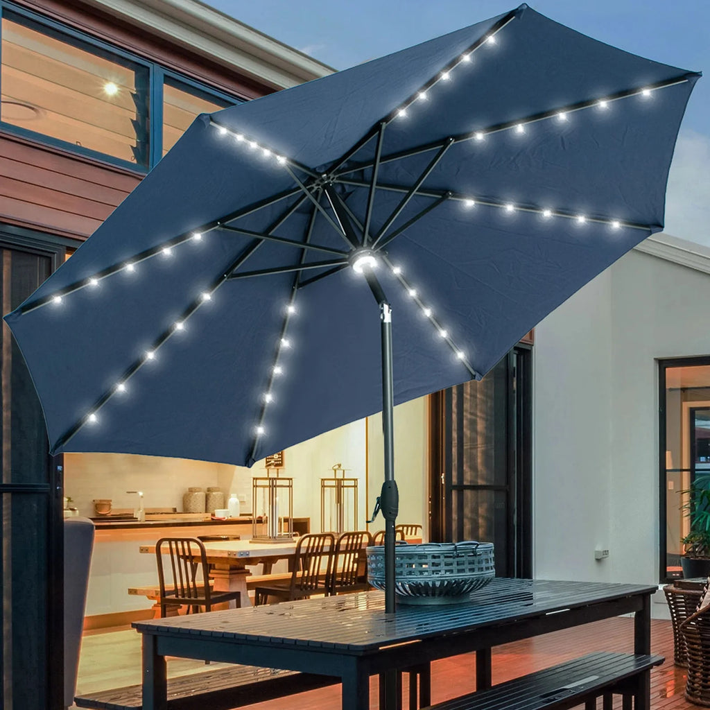 10 ft Solar Patio Umbrella with 40 LED Lights, Steel Tilt Crank, Navy Blue I168