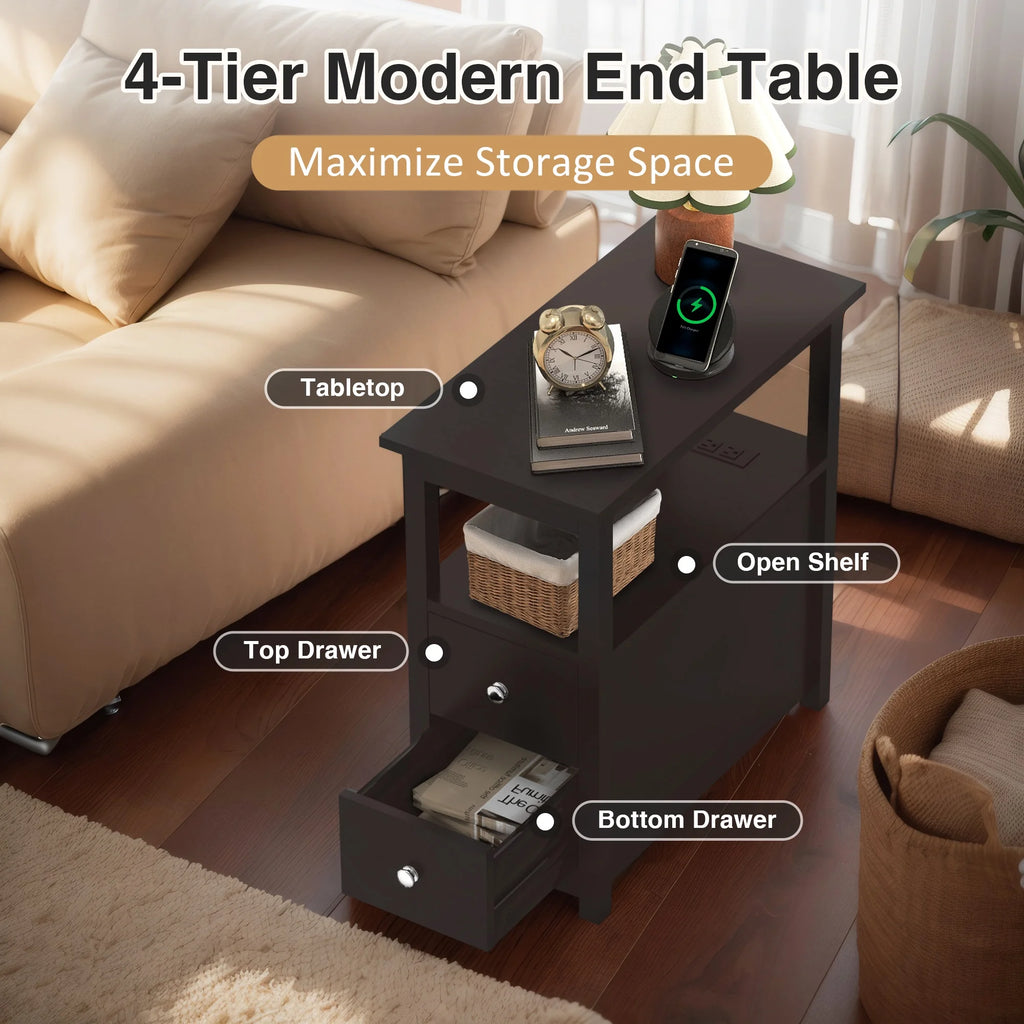 Set of 2 Narrow End Table with Charging Station and 2 Drawers F78212