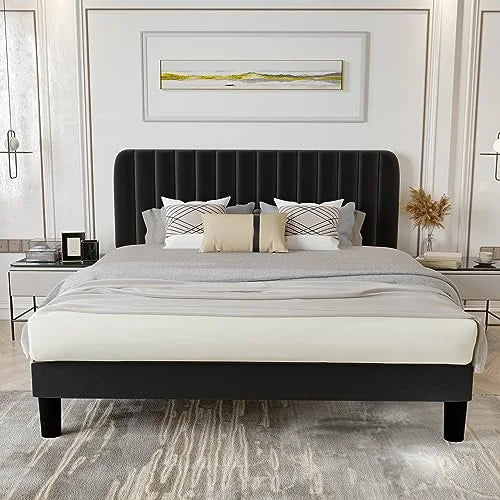 Queen Size Platform Bed Frame with Headboard Grey K2148