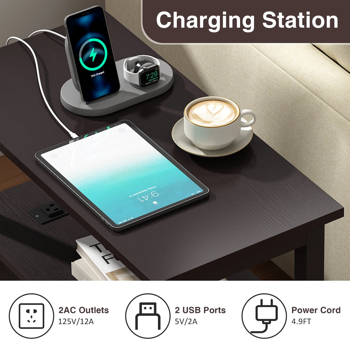 Set of 2 Narrow End Table with Charging Station and 2 Drawers F78212