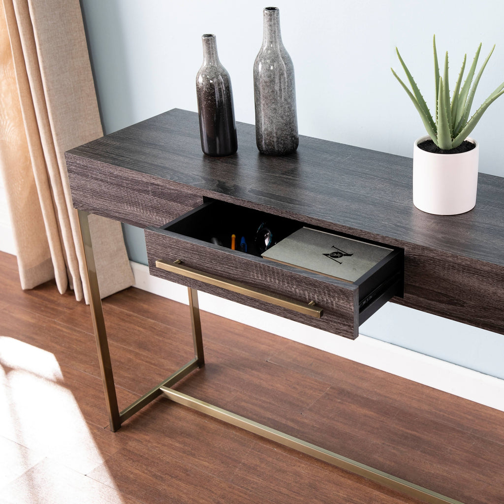 Black Oak Antique Brass Console Table with Storage G4446