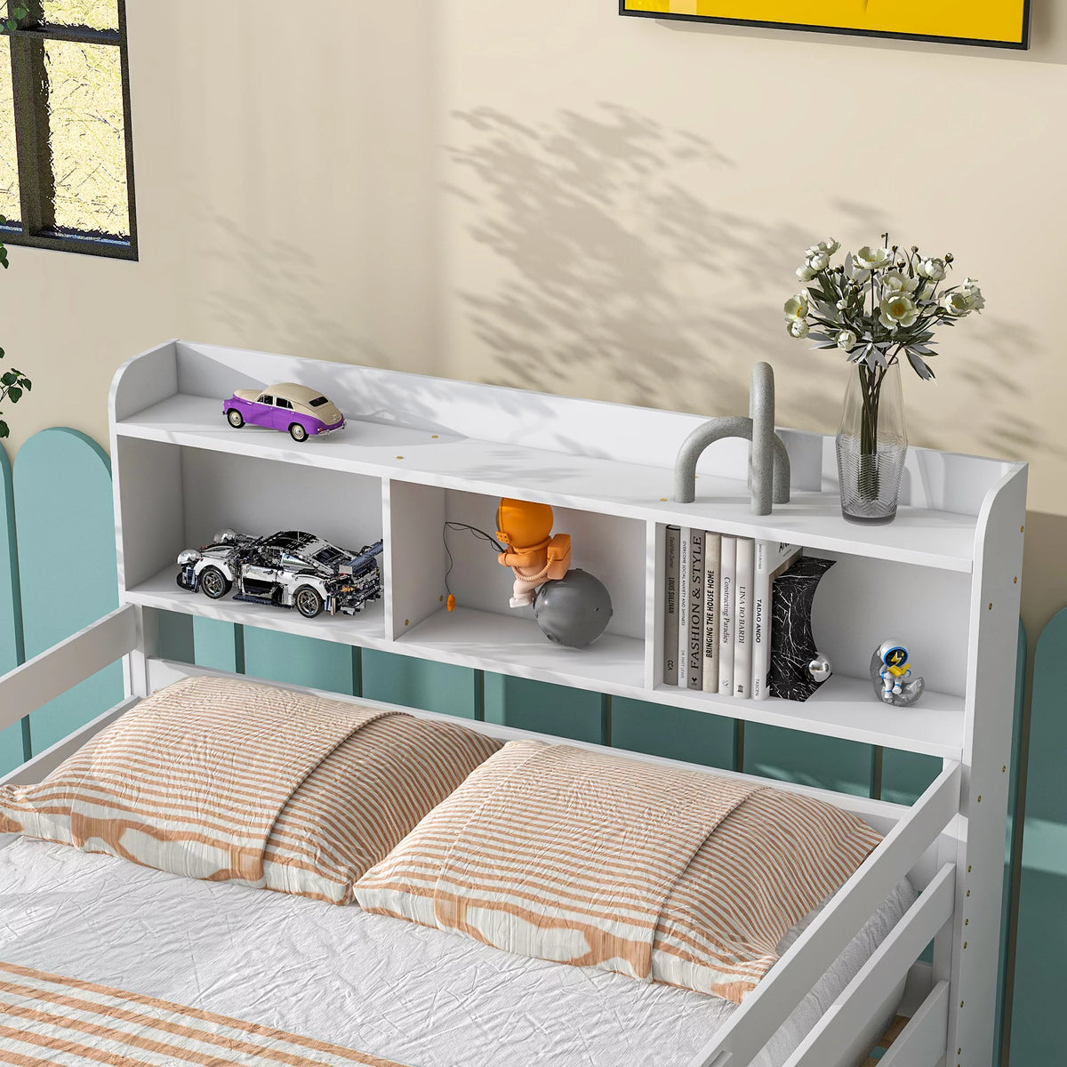 Full Over Full Bunk Beds with Bookcase Headboard, Solid Wood Bed Frame with Safety Rail and Ladder, White W257338
