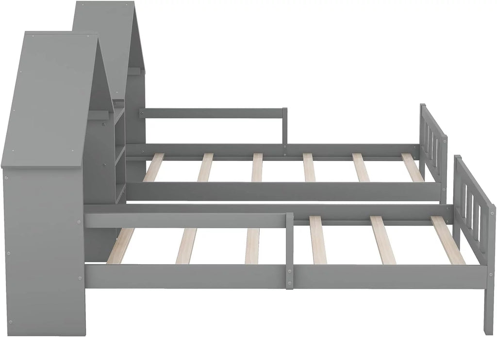 Double Size Platform Bed with House-Shaped Headboard and Built-In Nightstand, Grey Z119