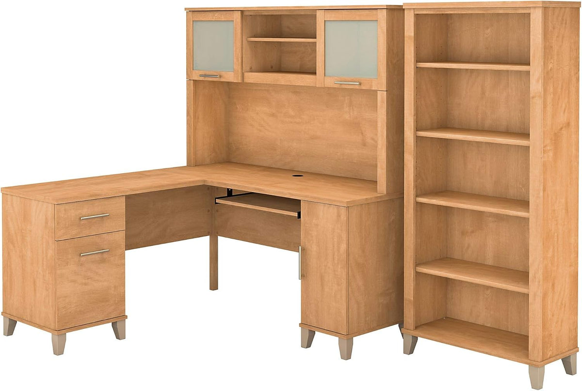 L Shaped Desk with Hutch and 5 Shelf Bookcase J471