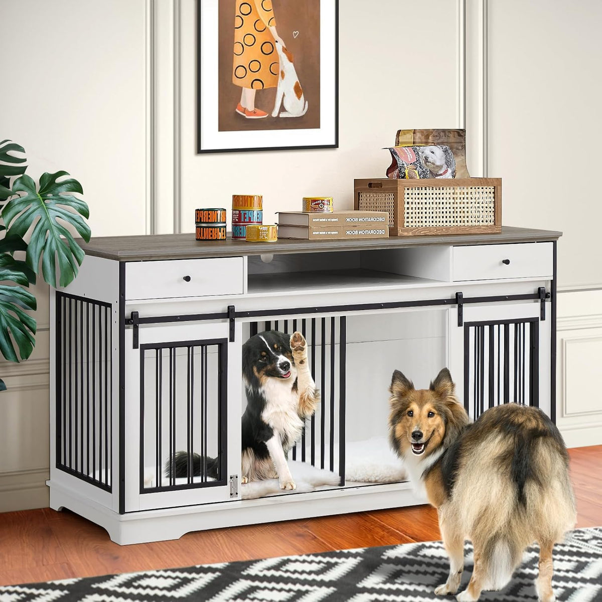 White Double Dog Crate Furniture with Divider and 2 Drawers S397
